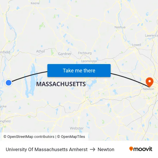 University Of Massachusetts Amherst to Newton map