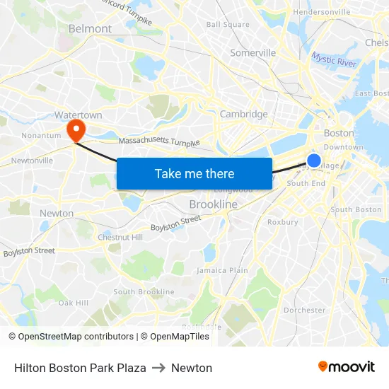 Hilton Boston Park Plaza to Newton map