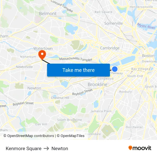 Kenmore Square to Newton map