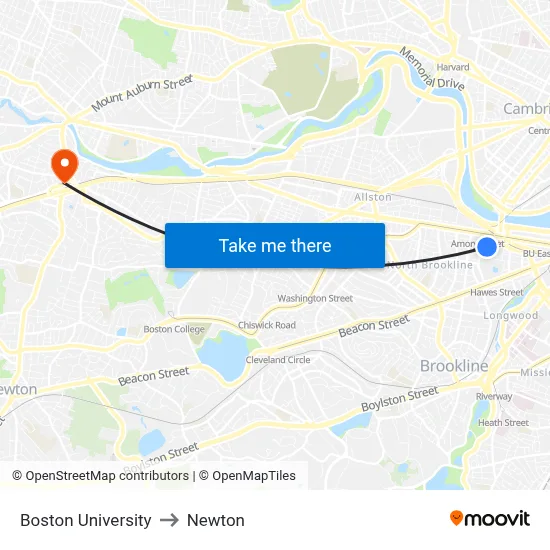 Boston University to Newton map