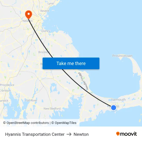 Hyannis Transportation Center to Newton map