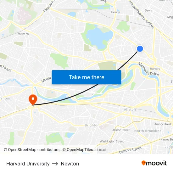 Harvard University to Newton map