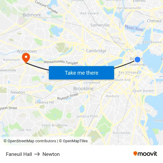 Faneuil Hall to Newton map