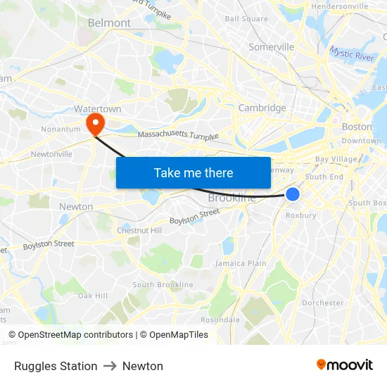 Ruggles Station to Newton map