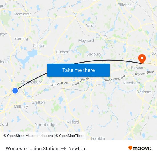 Worcester Union Station to Newton map