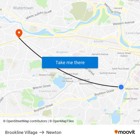 Brookline Village to Newton map