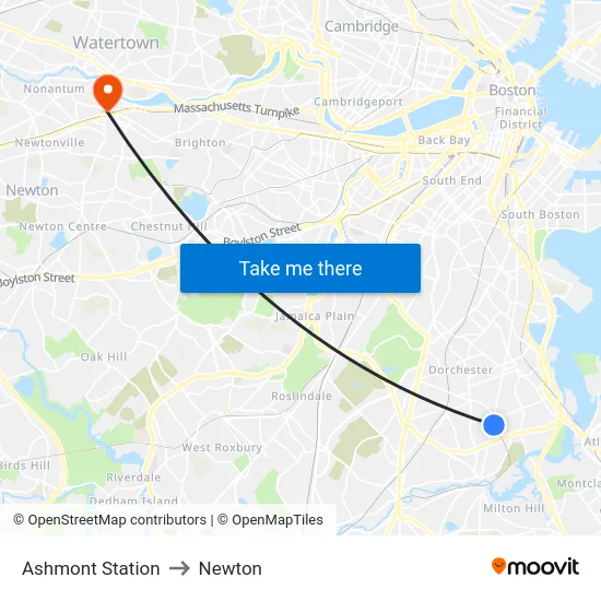 Ashmont Station to Newton map