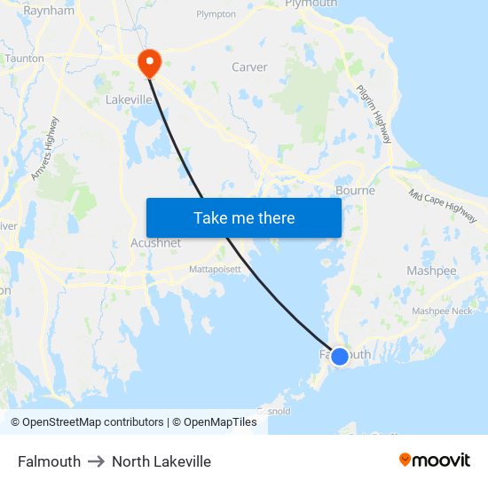 Falmouth to North Lakeville map