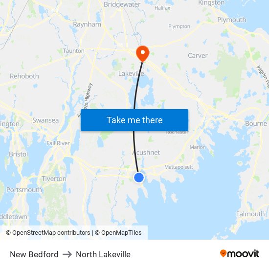 New Bedford to North Lakeville map