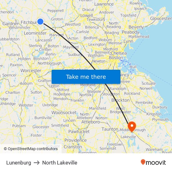 Lunenburg to North Lakeville map