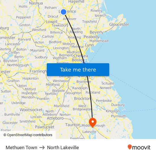 Methuen Town to North Lakeville map