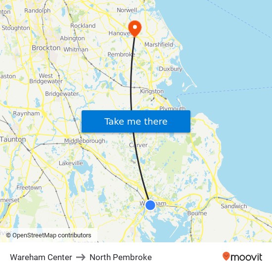 Wareham Center to North Pembroke map