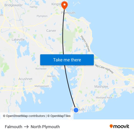 Falmouth to North Plymouth map