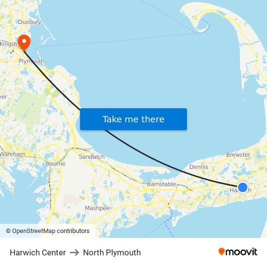 Harwich Center to North Plymouth map