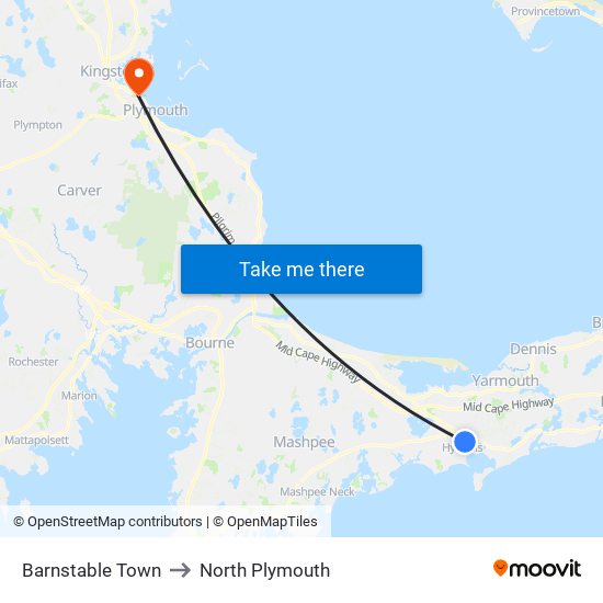 Barnstable Town to North Plymouth map
