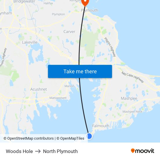 Woods Hole to North Plymouth map