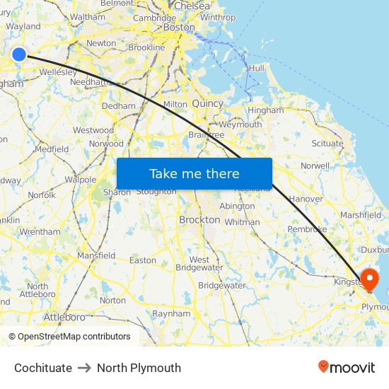 Cochituate to North Plymouth map