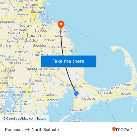 Pocasset to North Scituate map