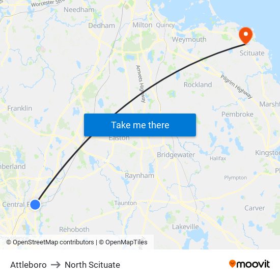 Attleboro to North Scituate map