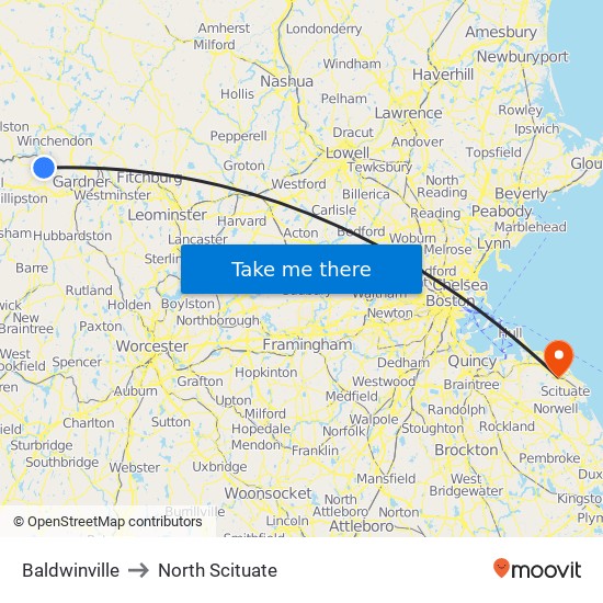 Baldwinville to North Scituate map