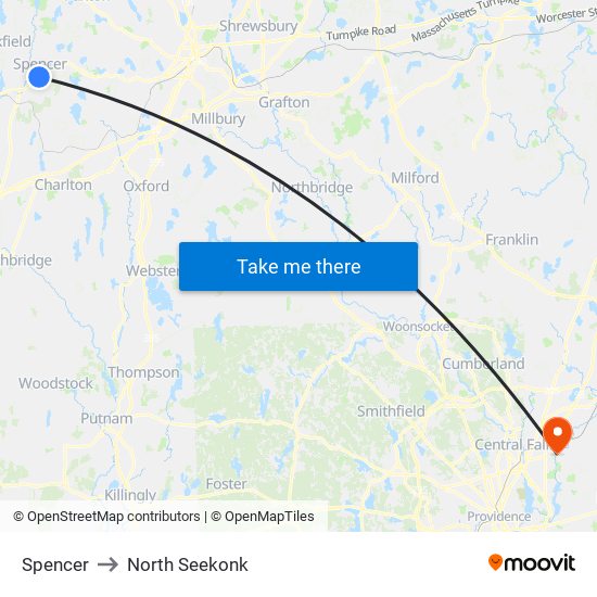 Spencer to North Seekonk map