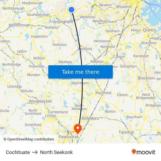 Cochituate to North Seekonk map