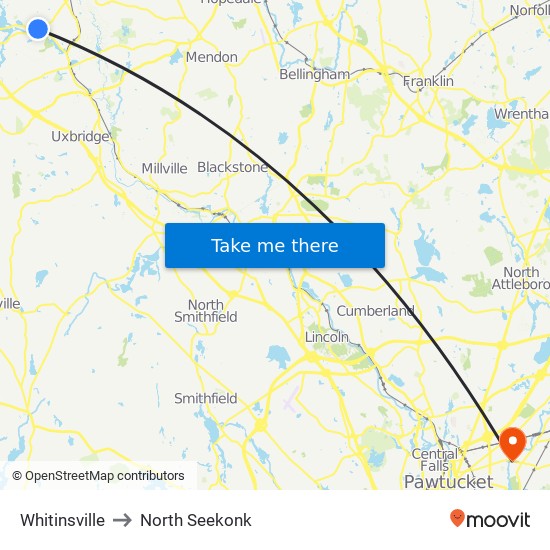 Whitinsville to North Seekonk map