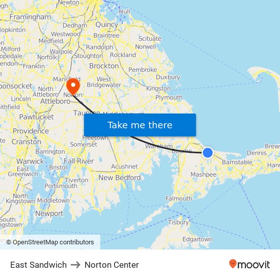 East Sandwich to Norton Center map