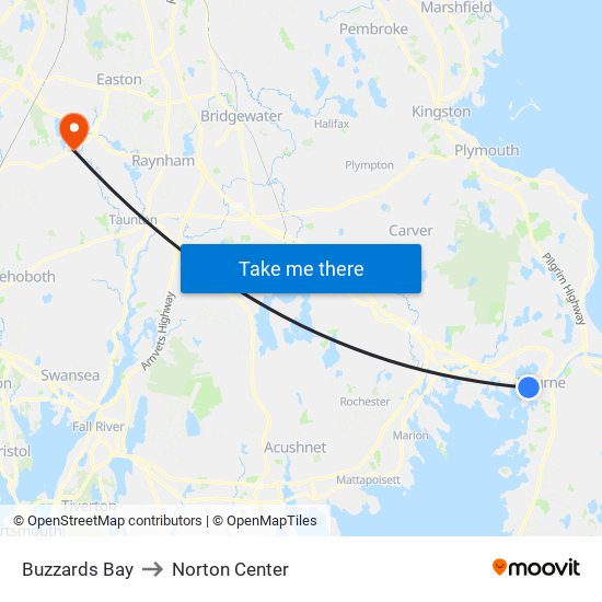 Buzzards Bay to Norton Center map