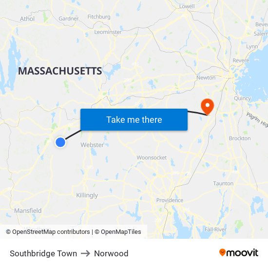 Southbridge Town to Norwood map