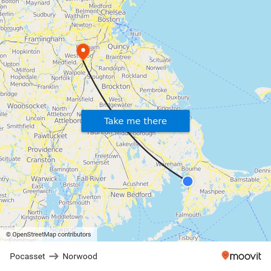 Pocasset to Norwood map