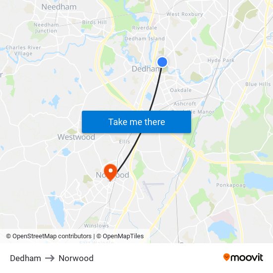 Dedham to Norwood map