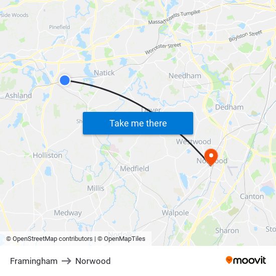 Framingham to Norwood map