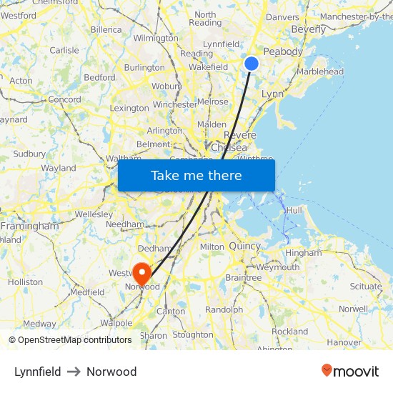 Lynnfield to Norwood map