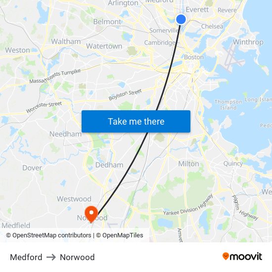 Medford to Norwood map