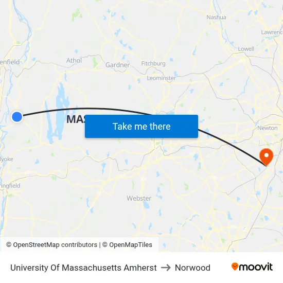 University Of Massachusetts Amherst to Norwood map