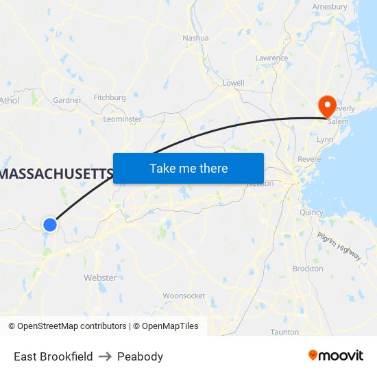 East Brookfield to Peabody map