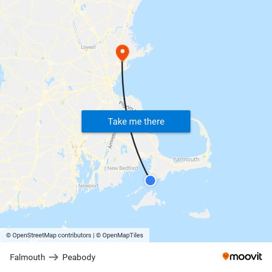 Falmouth to Peabody map
