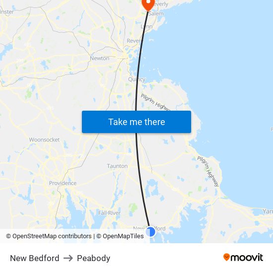 New Bedford to Peabody map