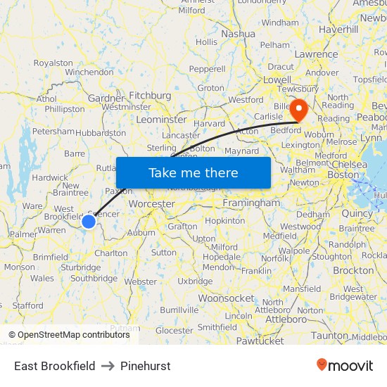 East Brookfield to Pinehurst map