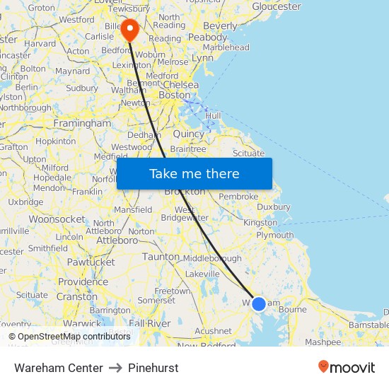 Wareham Center to Pinehurst map