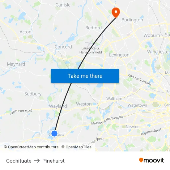 Cochituate to Pinehurst map