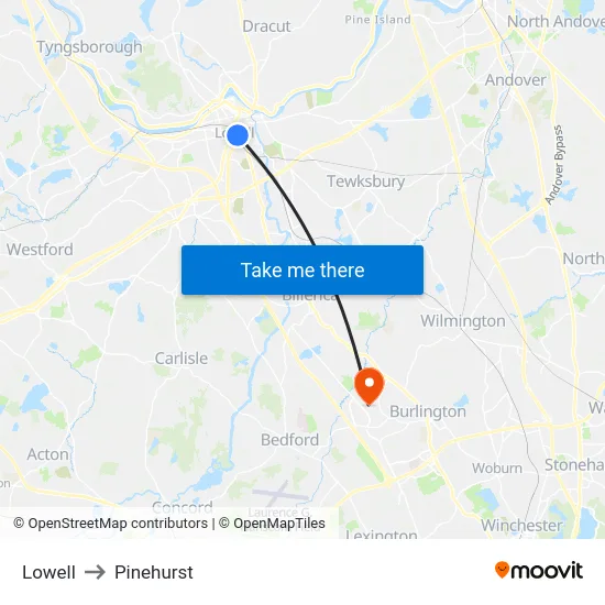 Lowell to Pinehurst map