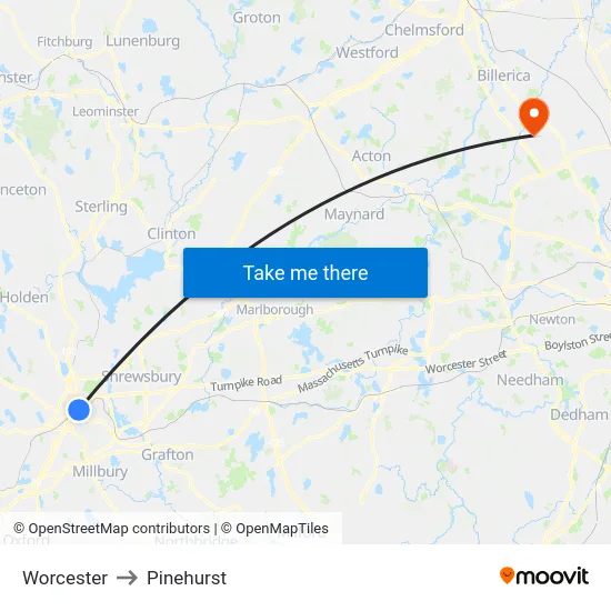 Worcester to Pinehurst map