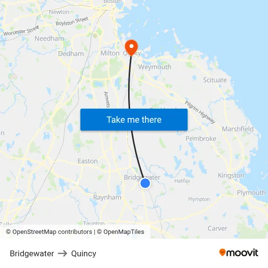 Bridgewater to Quincy map