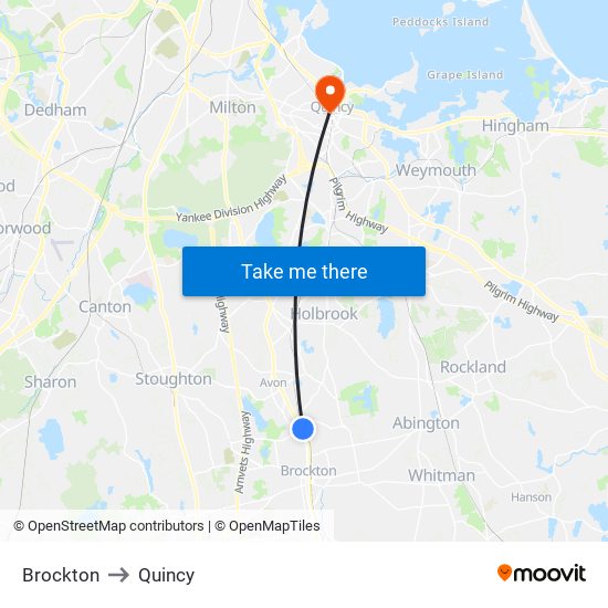 Brockton to Quincy map