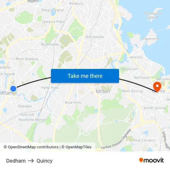 Dedham to Quincy map