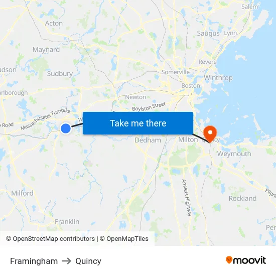 Framingham to Quincy map