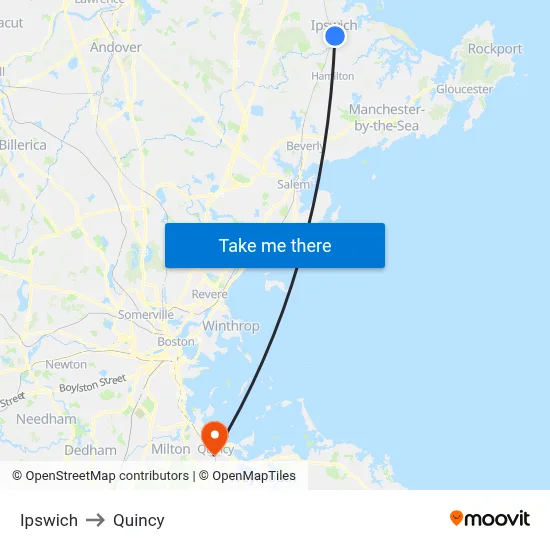 Ipswich to Quincy map