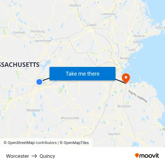 Worcester to Quincy map